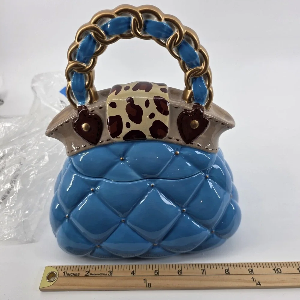 David's Cookies Handbag Turquoise & Gold Ceramic Cookie Jar Vintage 10